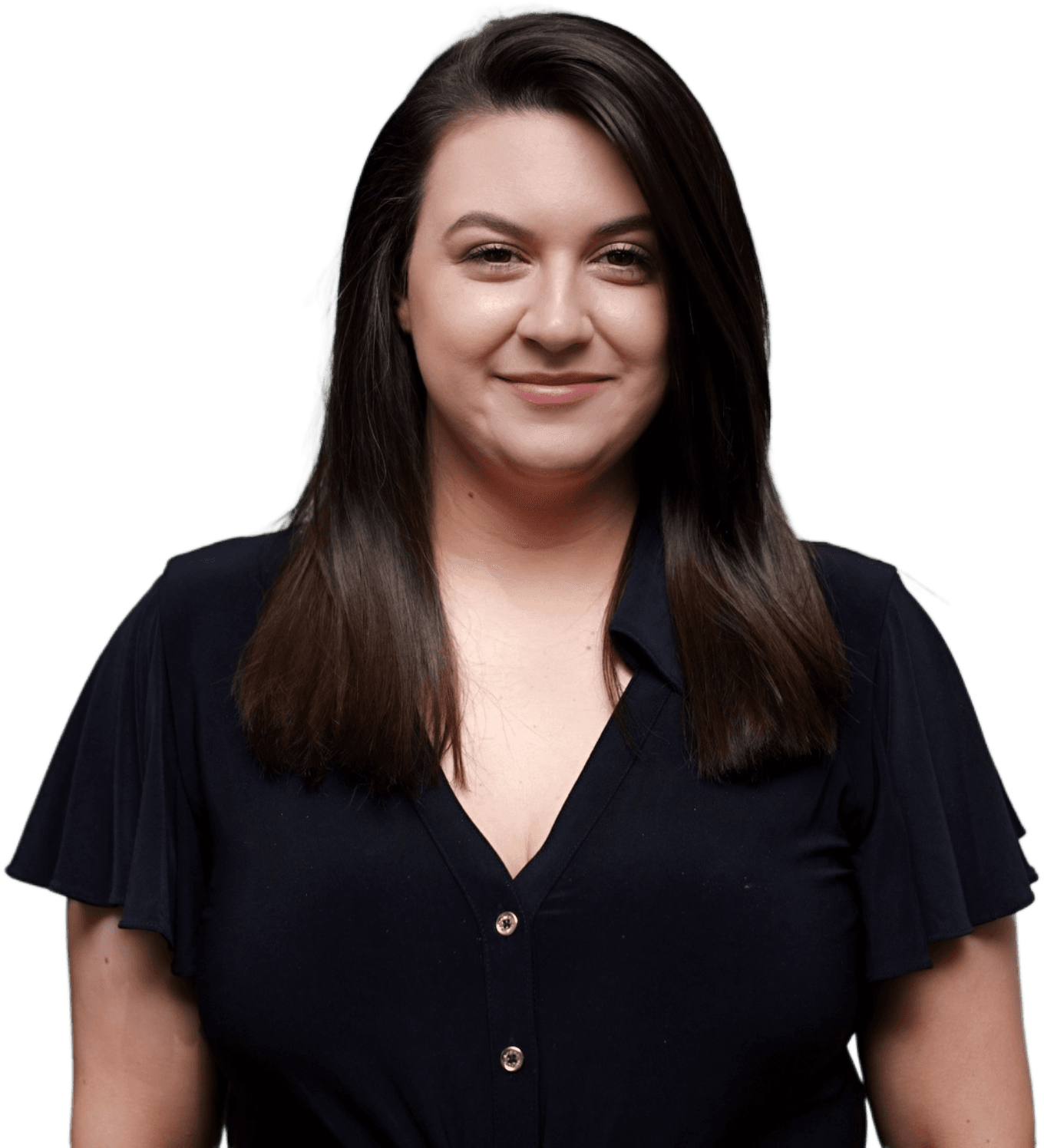The woman is wearing a black shirt and smiling for the camera.