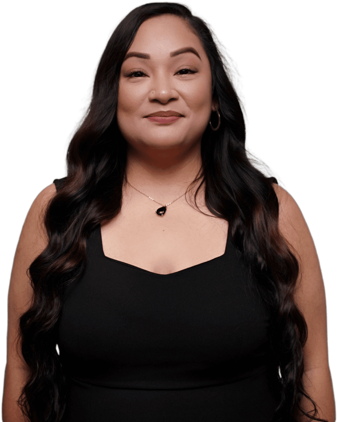A woman with long hair is wearing a black tank top and a necklace.