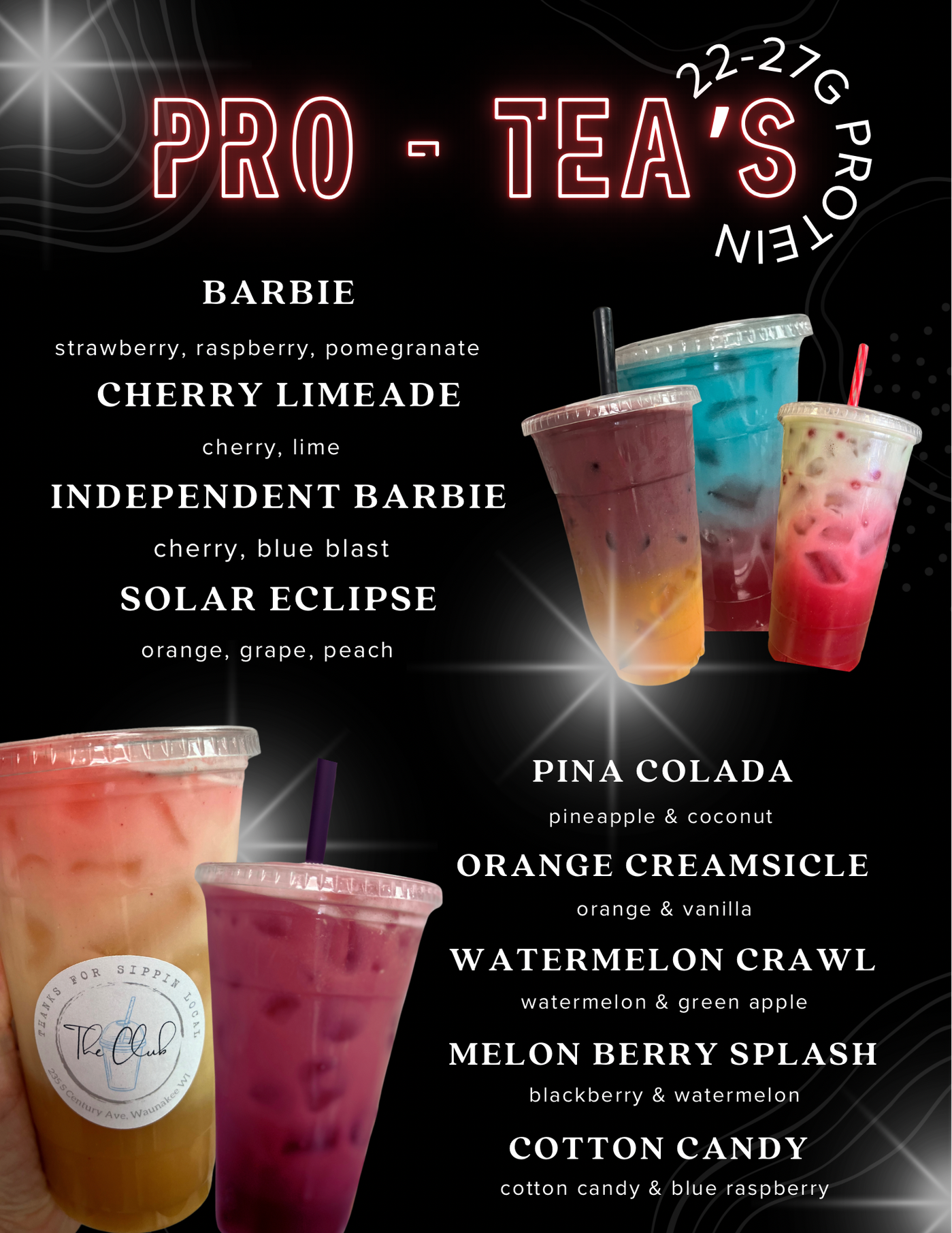 A flyer for pro-tea 's shows a variety of drinks