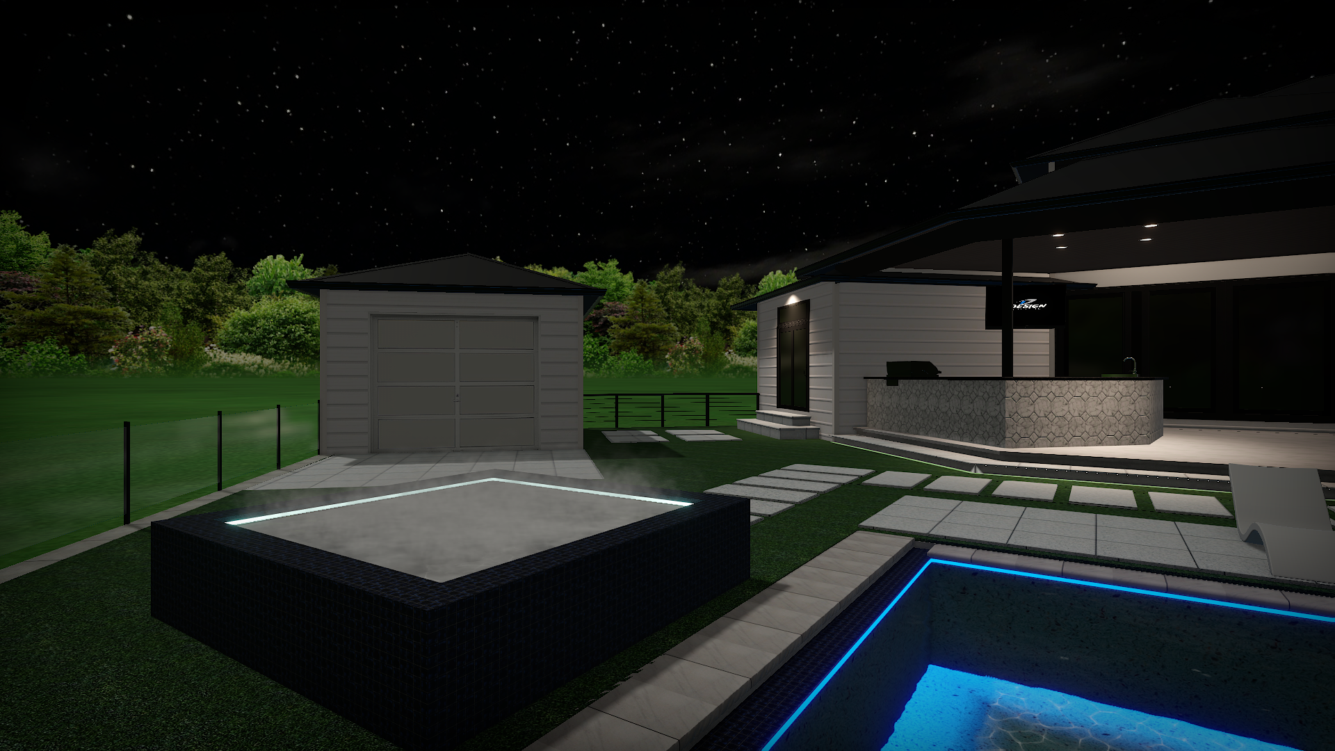 3D rendering of a modern backyard with a pool, hot tub, outdoor kitchen, patio, and landscape lighting.