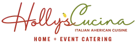 Logo for Holly&rsquo;s Cucina, an Italian-American catering business with a red and green script font and a small yellow icon.