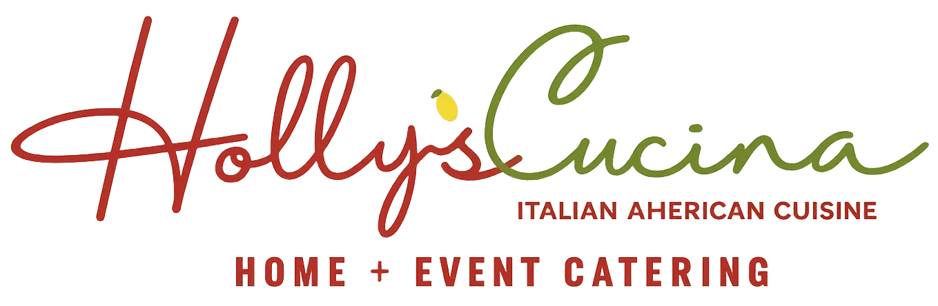 Logo for Holly&rsquo;s Cucina, an Italian-American catering business with a red and green script font and a small yellow icon.