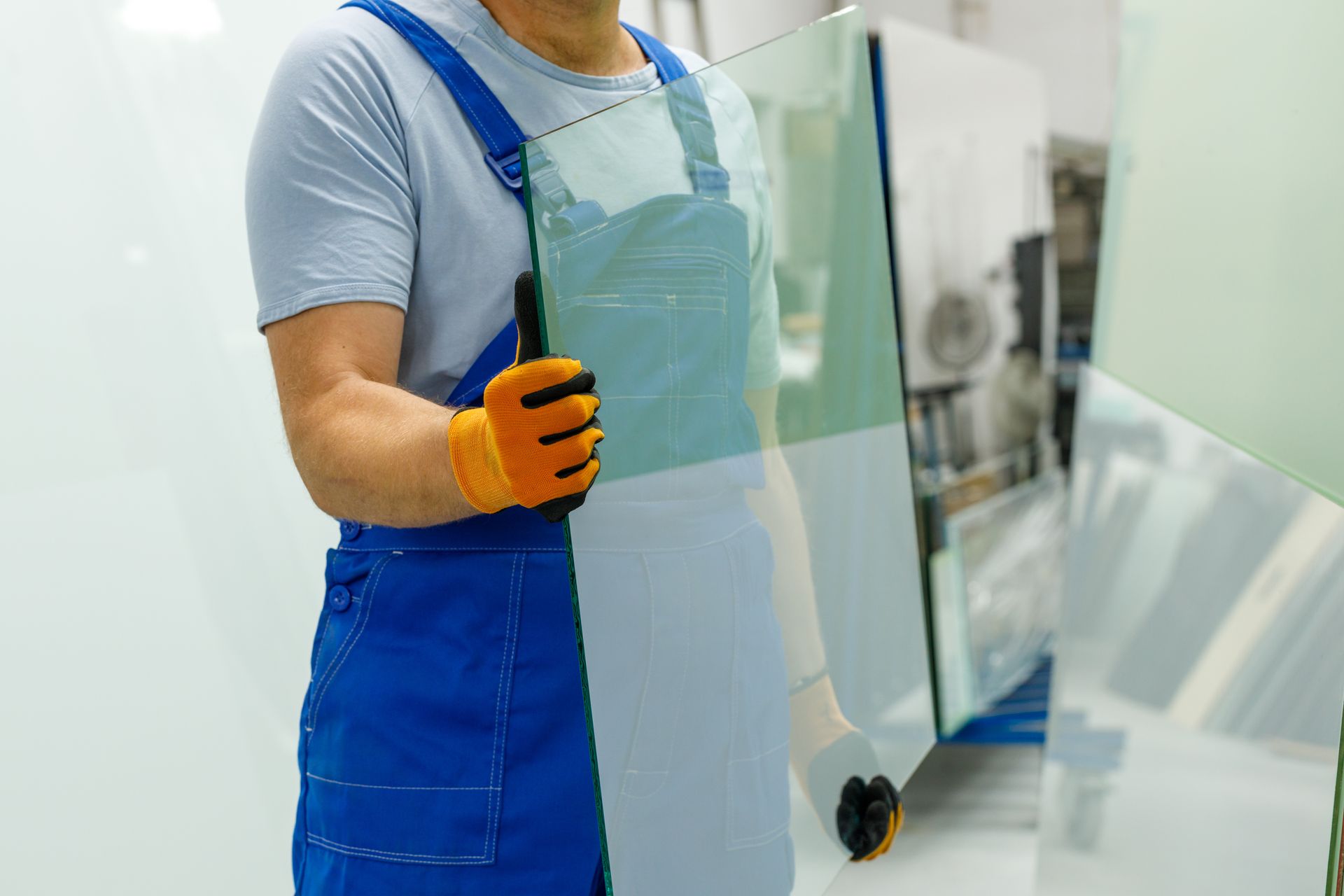 Worker wearing gloves and overalls holding a large glass panel inside a glass fabrication workshop.