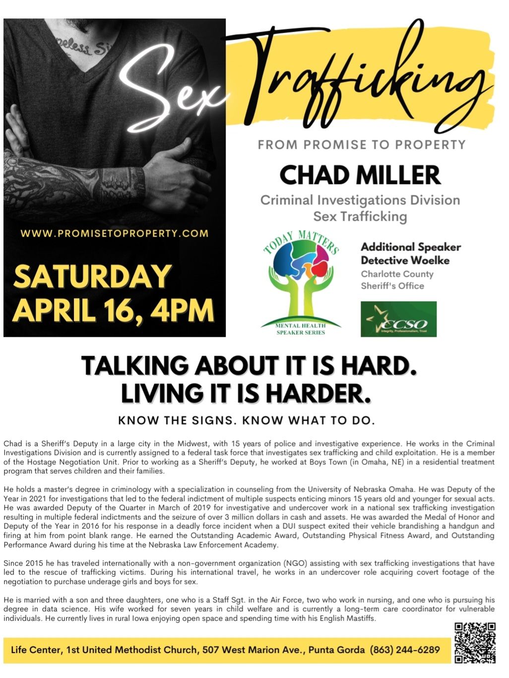 Sex trafficking awareness event poster with speaker Chad Miller, Saturday April 16, 4 PM, and slogan “Living it is hard.”