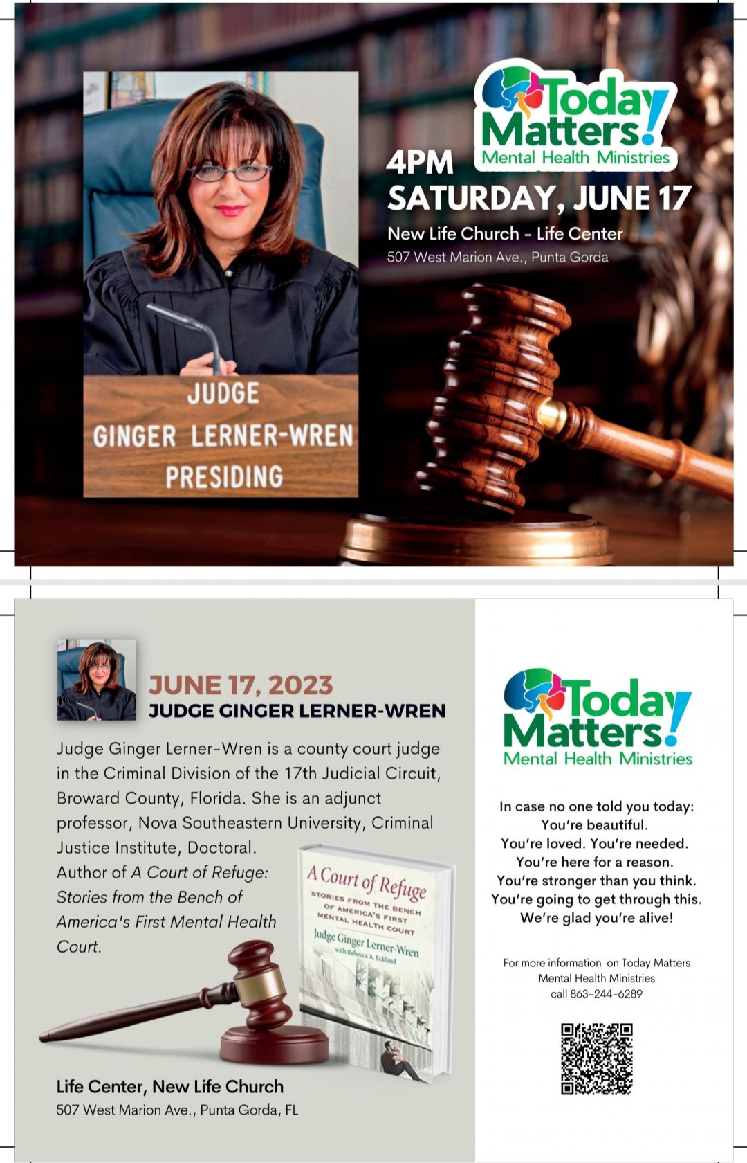 Today Matters community event poster with judge G. Lenoir-Washington and a gavel image, Saturday June 17 4 PM