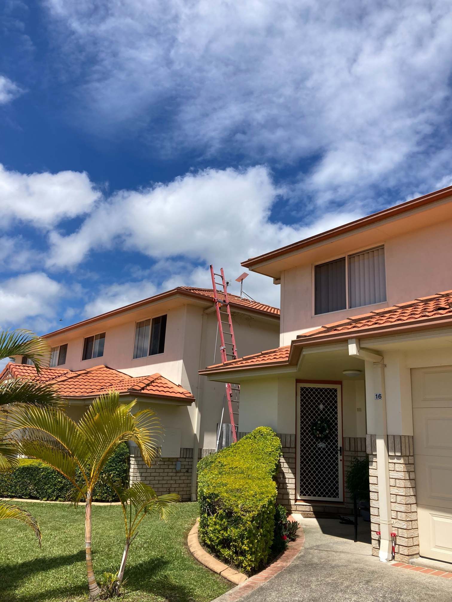 Two-story Townhouses With Orange Tile Roofs and a Ladder Propped Against One — BRC Antenna Service 1 In Banora Point, NSW