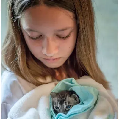 A young girl is holding a kitten wrapped in a blanket.