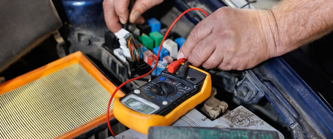 Hands use a multimeter to test a car's electrical components in the engine bay.