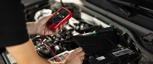 A person using a red multimeter to test a car battery in an engine bay.