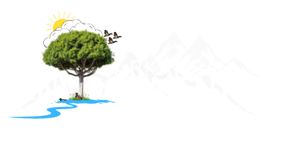 A logo of vibrant green tree beside a blue river, with a sun, birds, and mountains on a white background.