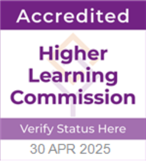 Accredited Higher Learning Commission logo. Purple and white text on a purple background. Verification date: 30 APR 2025.