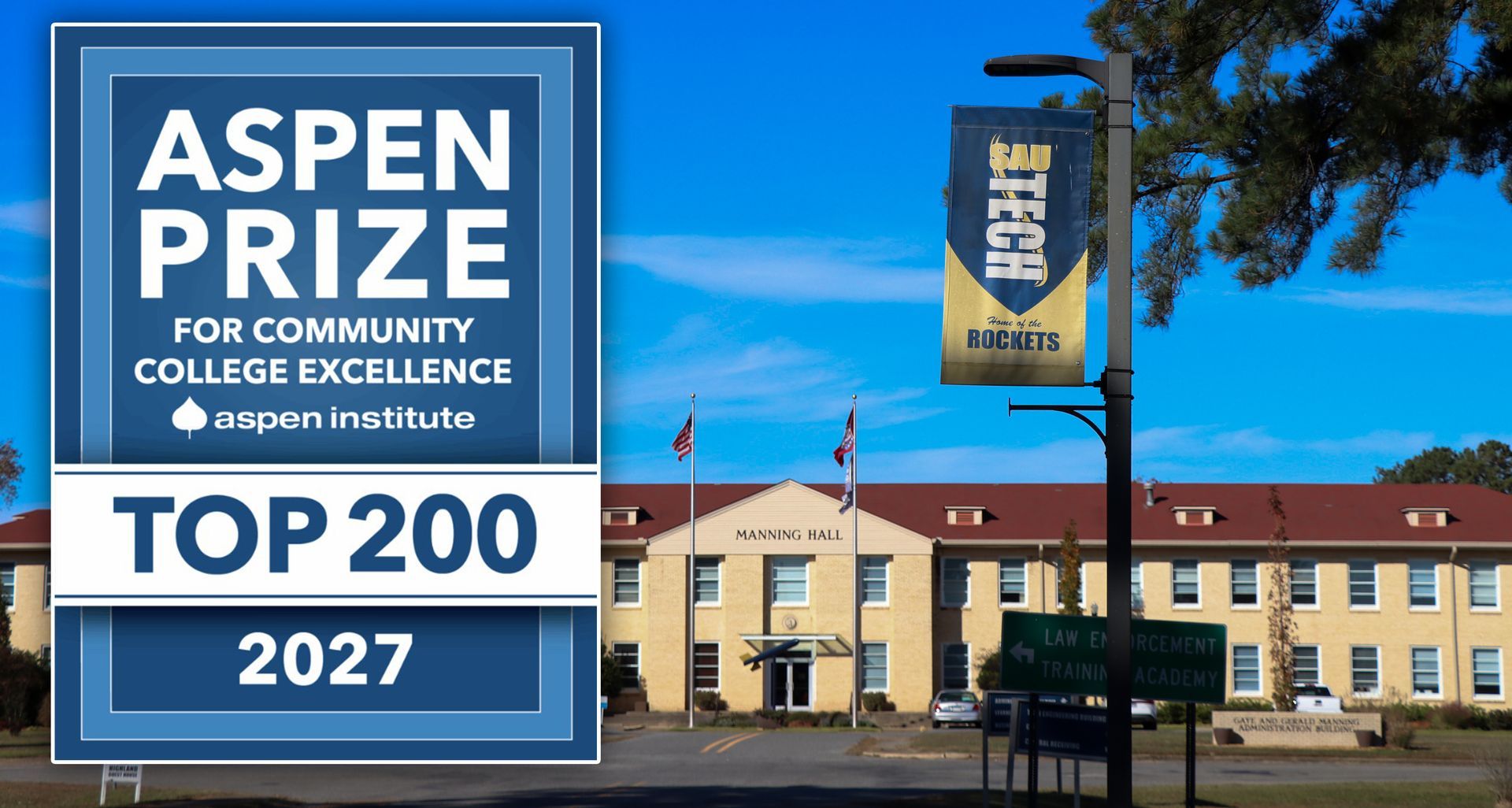 Aspen Prize Top 200, 2027 graphic over a brick building with flags. Banner: