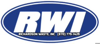 Logo for Richardson Waste, Inc. with blue oval, white letters RWI and phone number.