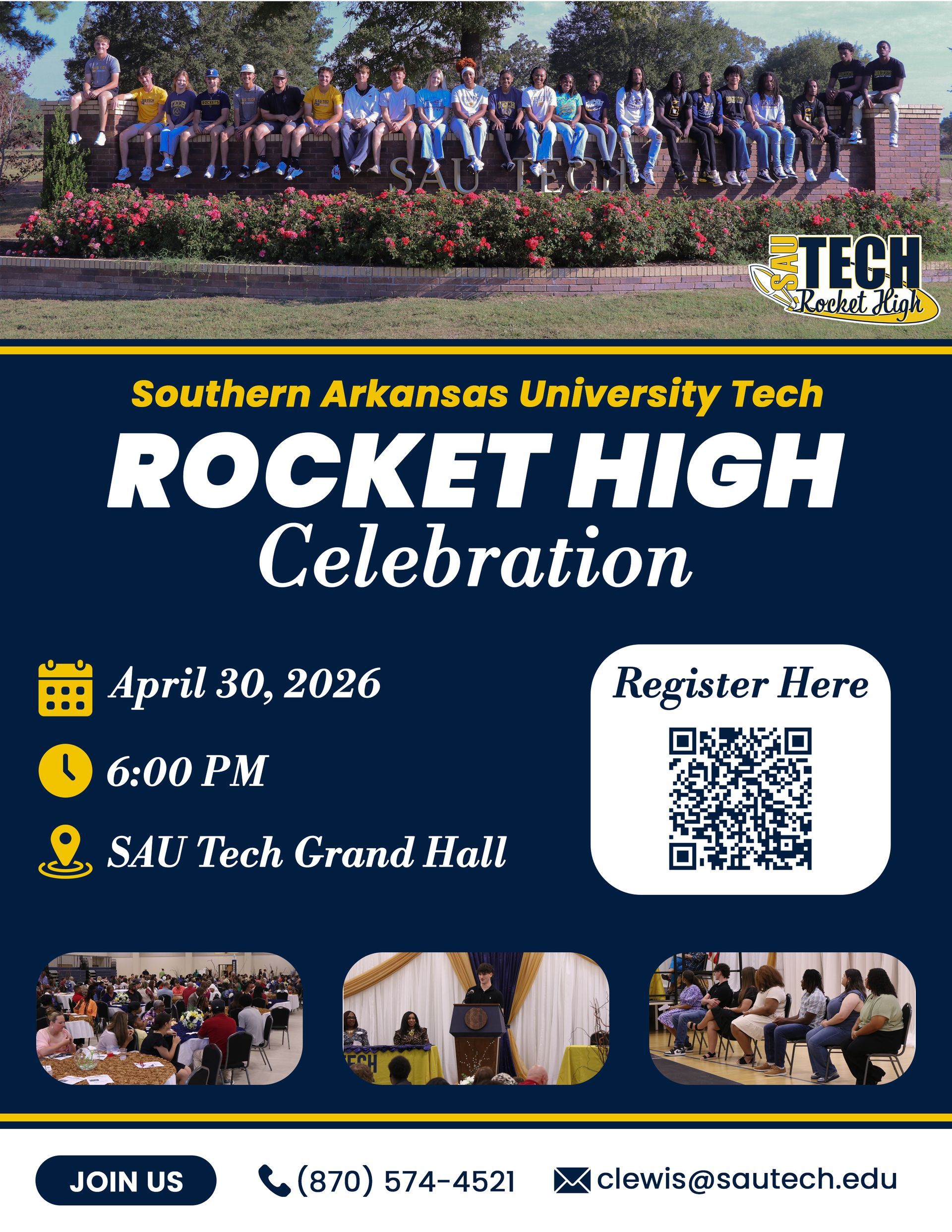 Southern Arkansas University Tech Rocket High Celebration flyer with event details and QR code