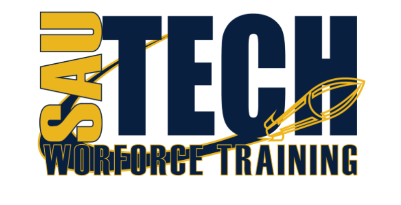 UAS Tech Workforce Training logo: dark blue block letters with gold accents and a gold aircraft icon.