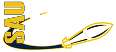 A blue and yellow logo with the word sau on it