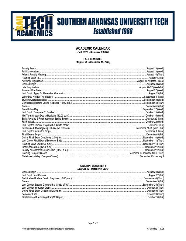 Southern Arkansas University Tech Academics calendar page with class schedule and teal logo