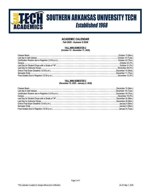 Southern Arkansas University Tech academic calendar page with class dates and holidays