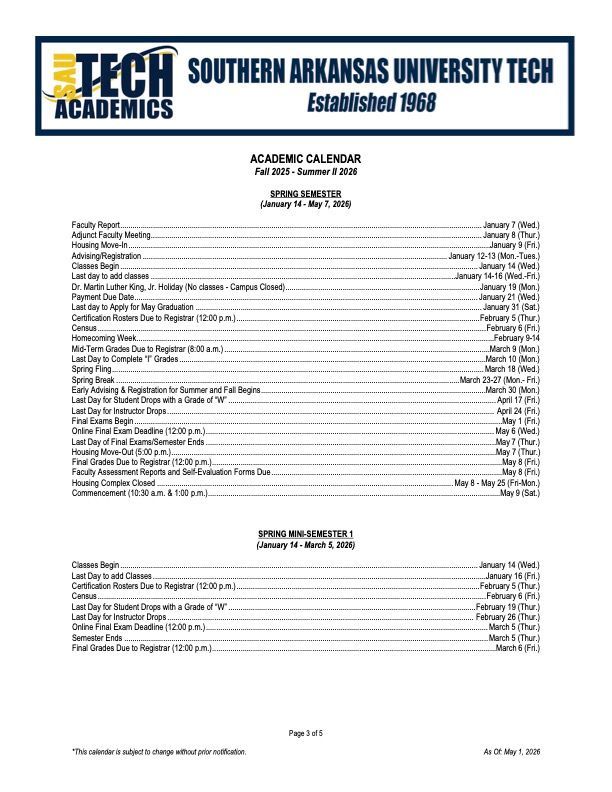 Southern Arkansas University Tech academic calendar page with a long list of dates and events.
