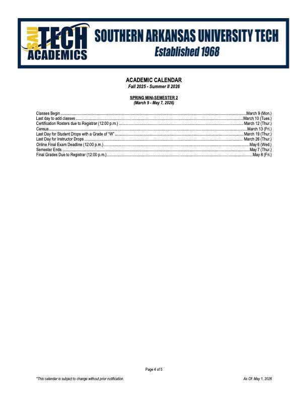 Southern Arkansas University Tech academic calendar page with schedule and term dates on a white background