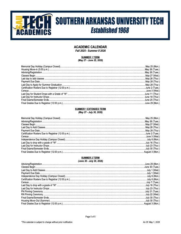 Southern Arkansas University Tech academic calendar page with semesters and dates in black text on white background