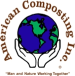 Logo of American Composting Inc. featuring hands holding a globe, with text surrounding.