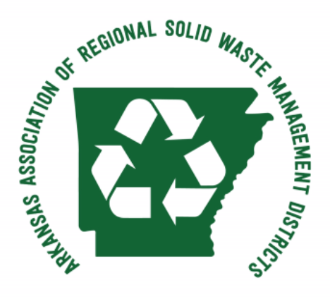 Arkansas Association of Regional Solid Waste Management Districts logo with recycle symbol inside a green Arkansas outline.