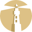 A lighthouse in a circle with a light coming out of it.