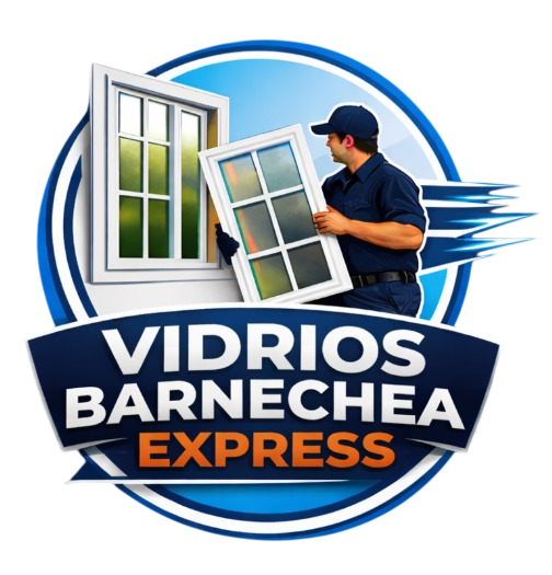 Logotipo de Vidrios Barnechea Express que muestra a un trabajador transportando cristales de ventanas en azul y blanco.