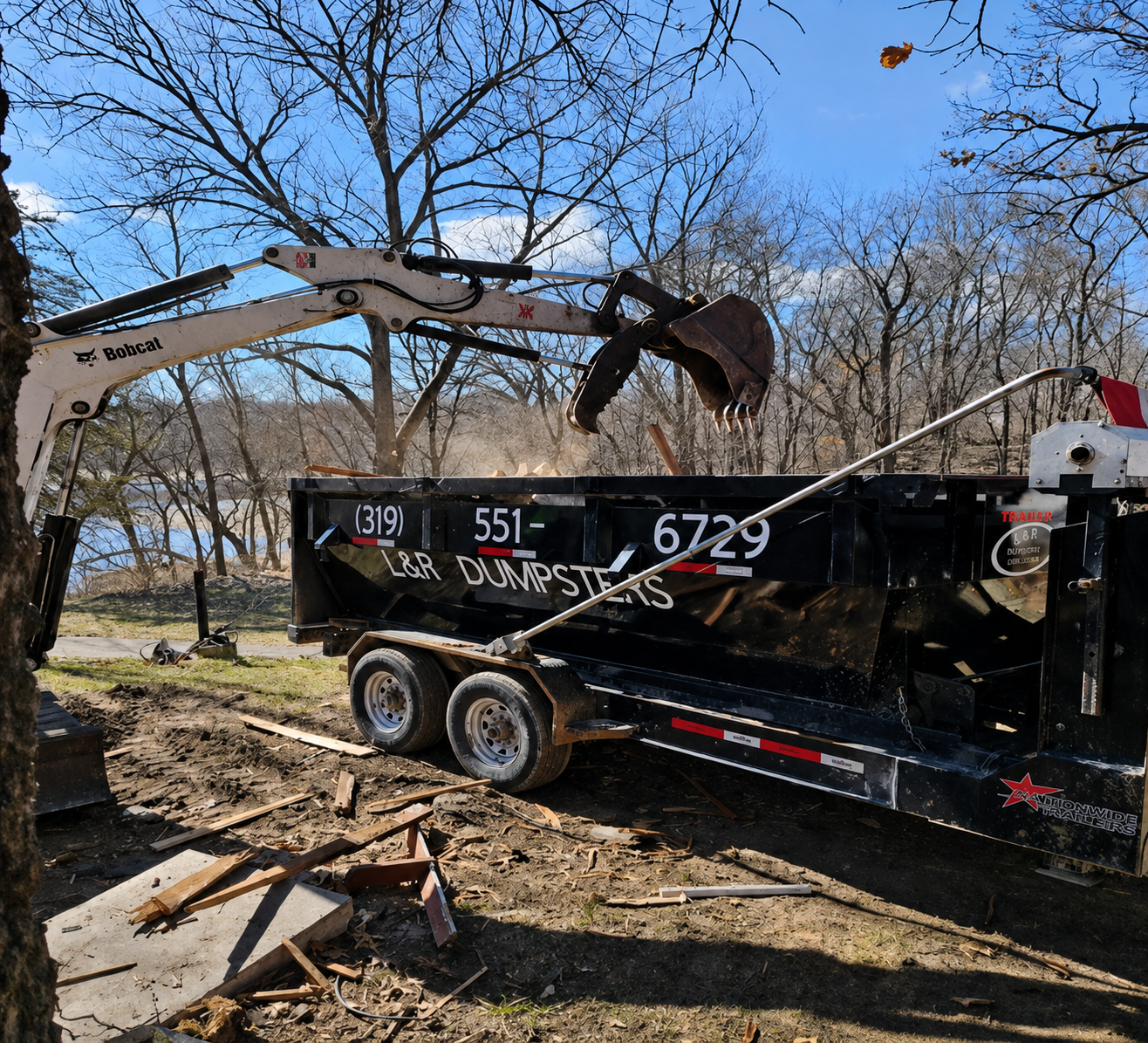 Excavator dumping debris into a black dump trailer in a leafless yard under a blue sky