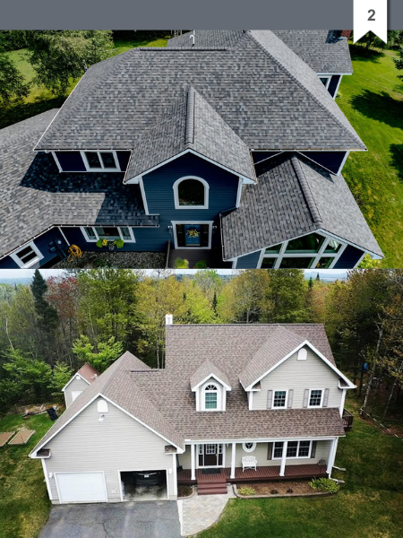An aerial view of a house before and after being painted
