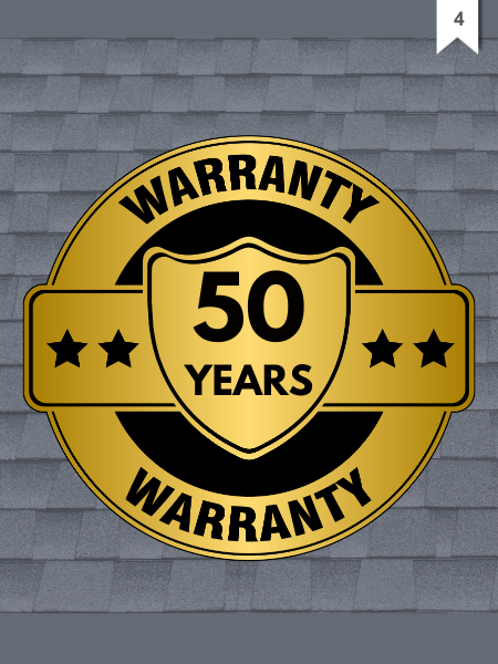 A gold 50-year warranty label with a shield on it