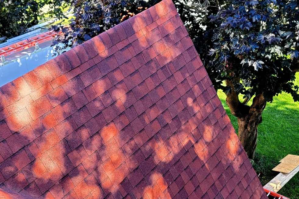 A close up of a roof with a tree in the background.