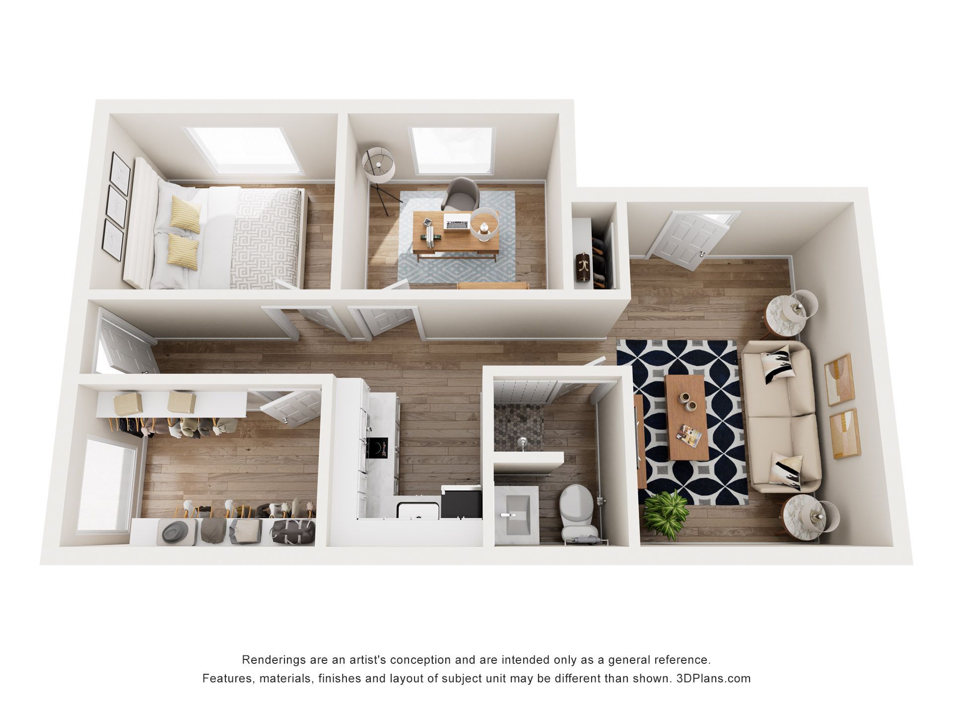 3D floor plan of a small apartment with bedroom, bath, kitchen, and living area in neutral tones
