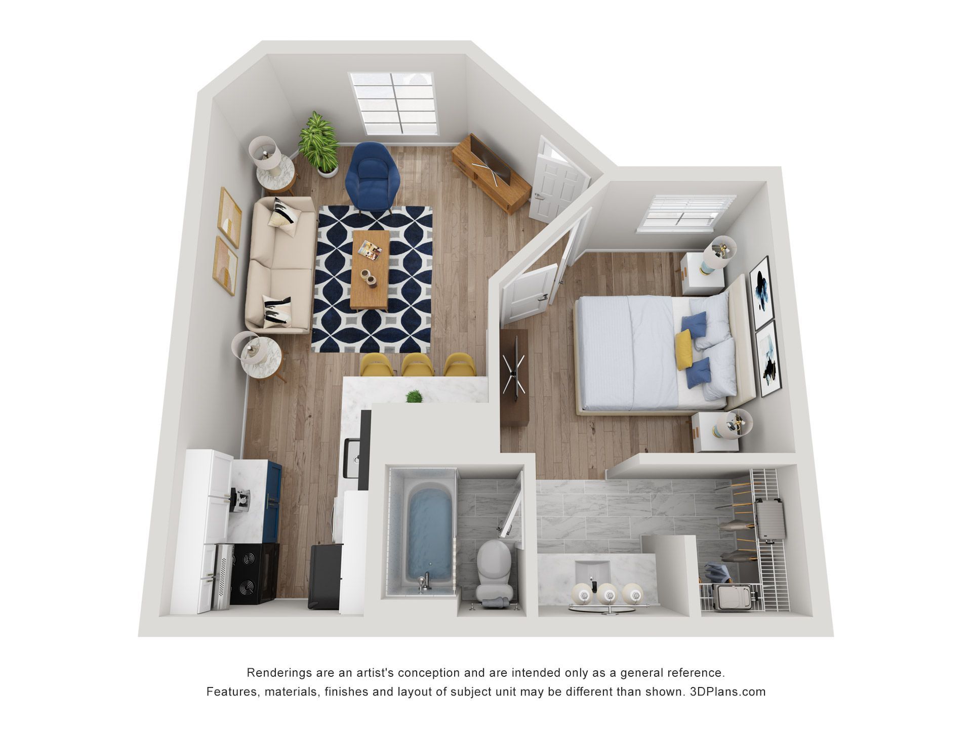 Top-down view of a small apartment with living room, bedroom, bathroom, and kitchen areas.