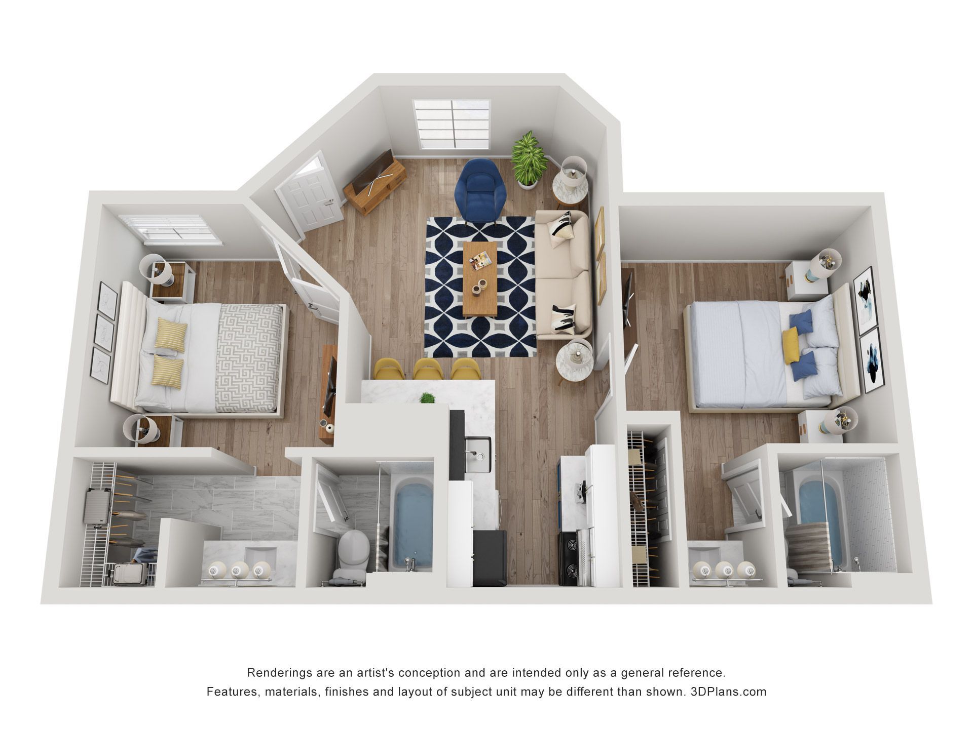 3D floor plan of a small apartment with bedroom, living room, kitchen, bathroom, and balcony in white and blue tones