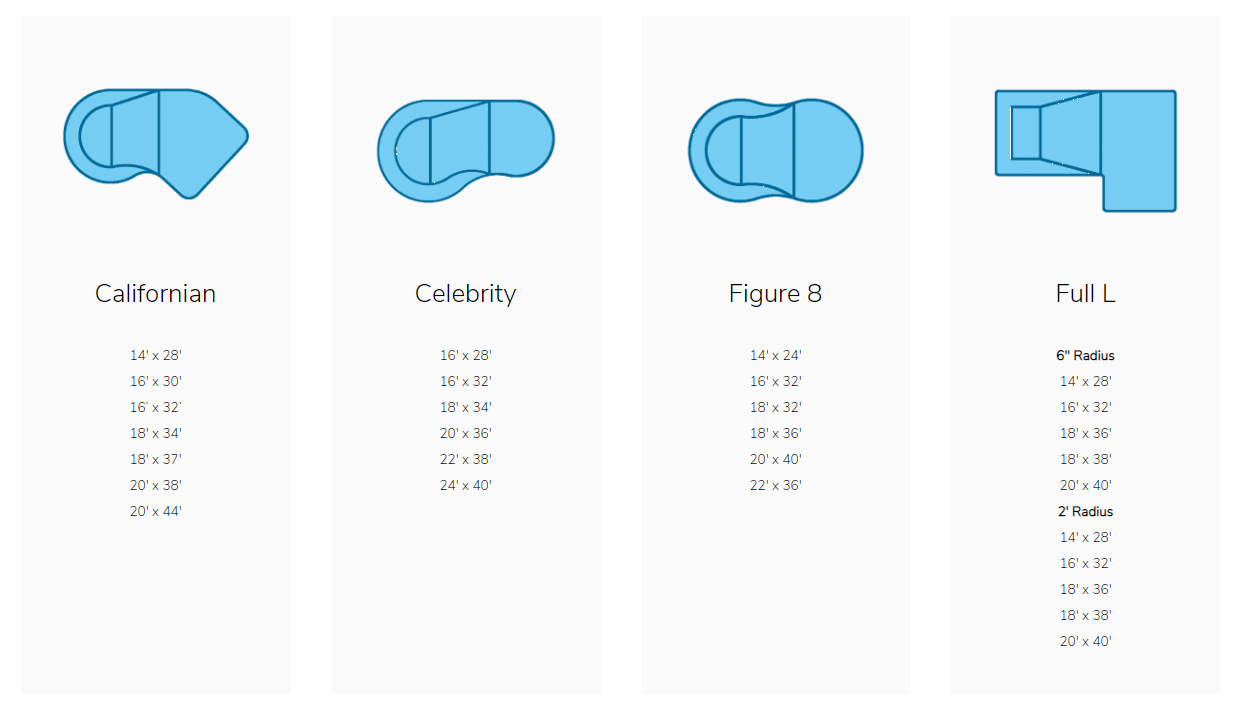 Four pool shapes with size options, presented as a catalog of available swimming pool models.