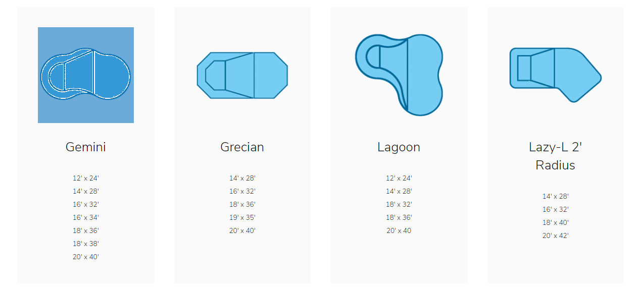 Four icons showing different swimming pool shapes and their corresponding size options.