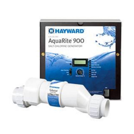 Hayward AquaRite 900 salt chlorine generator control box and TurboCell unit in white and black.