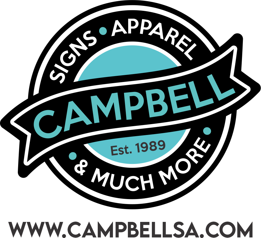 Campbell Signs & Apparel logo with teal and black banner, “Est. 1989,” and website URL below