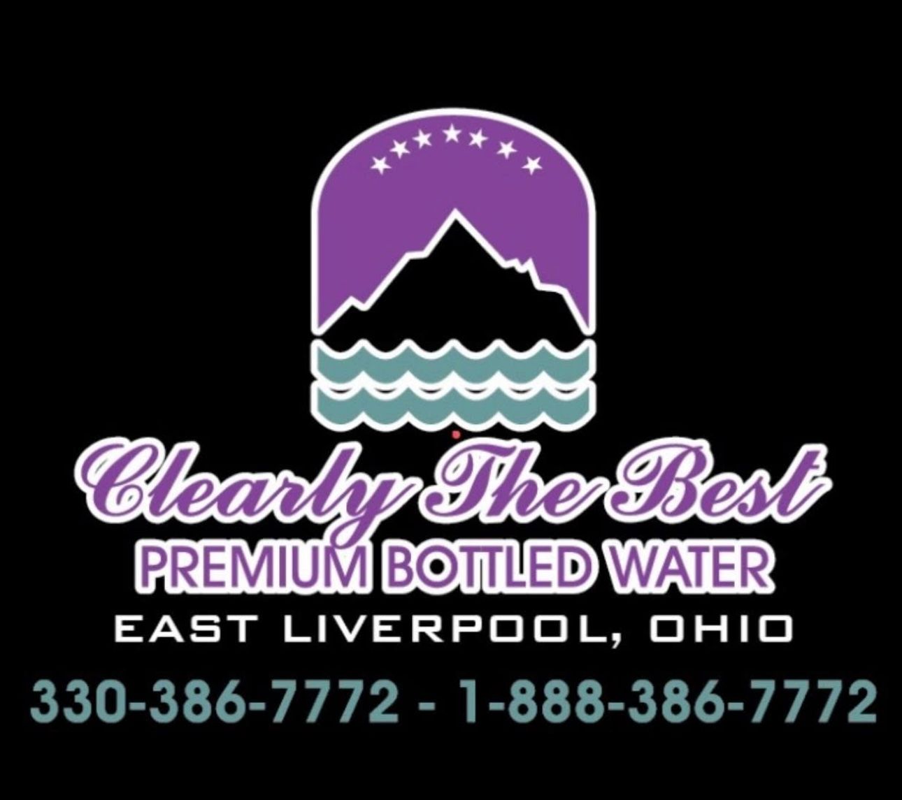 Clearly The Best Premium Bottled Water logo in purple, teal, and black with phone numbers and East Liverpool, Ohio.