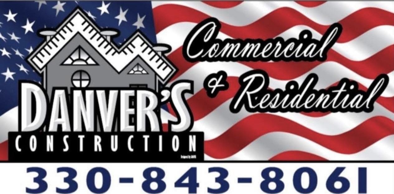 Danvers Construction logo with house roof, stars and stripes, Commercial & Residential, phone 330-843-8061