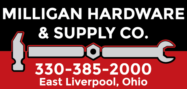 Milligan Hardware & Supply Co. logo with hammer and wrench, red background, East Liverpool, Ohio, phone 330-385-2000