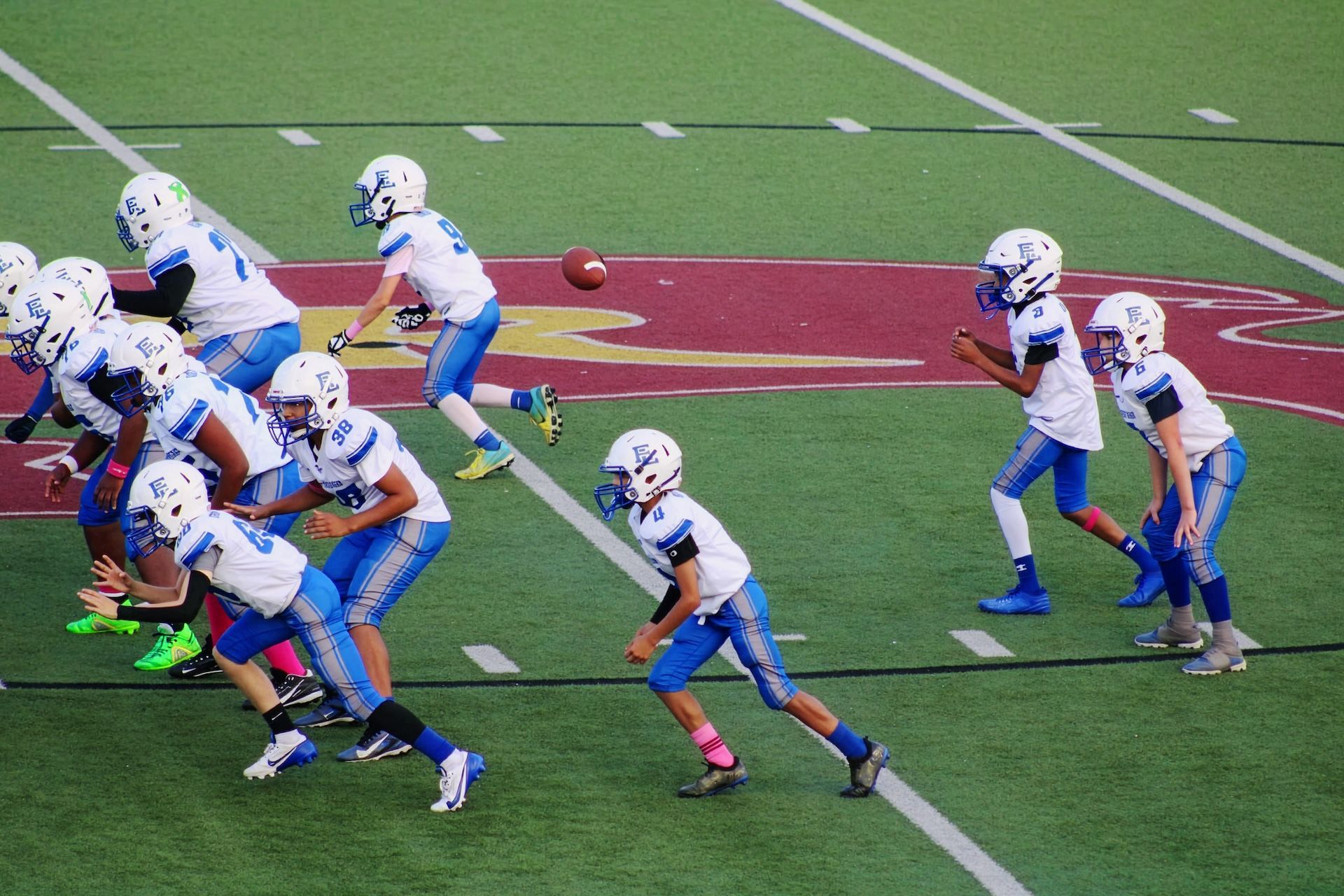 Football players in white and blue uniforms line up on a green field during a play.