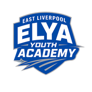 East Liverpool ELYA Youth Academy blue logo with shield and bold white lettering