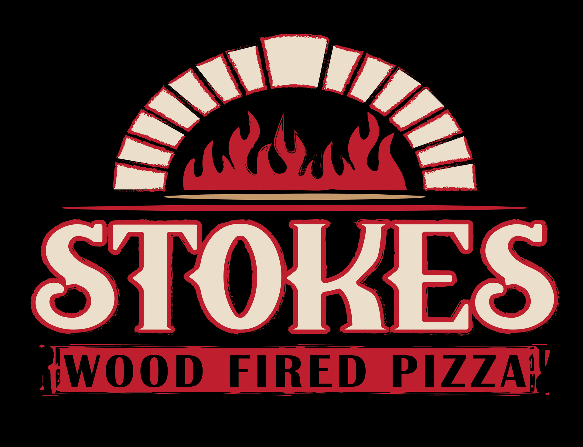Stokes Wood Fired Pizza logo with red text and a black arch of flames over the name
