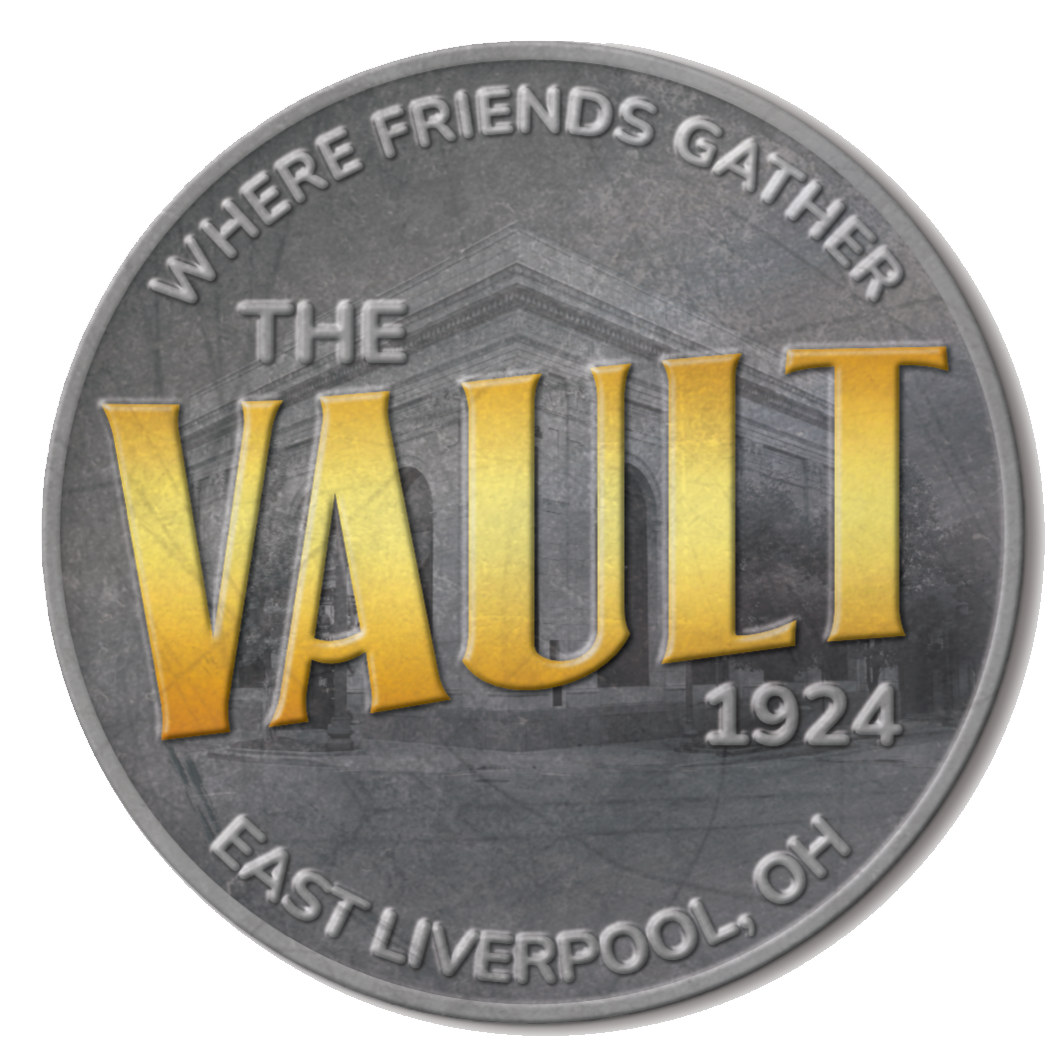 Circular gray-and-gold logo reading “The Vault 1924,” with “Where Friends Gather” and “East Liverpool, OH” around it