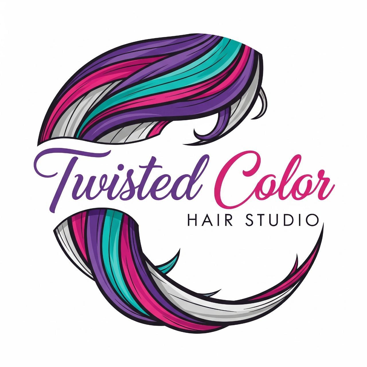 Twisted Color Hair Studio logo with stylized multicolor flowing hair and pink-purple text
