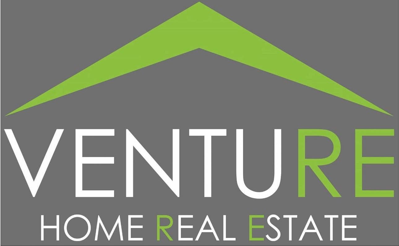Venture Home Real Estate logo with green roof icon on gray background