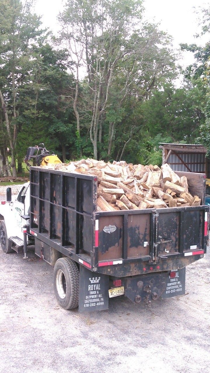 Small dump trailer loaded with chopped wood, parked on a gravel area by trees.